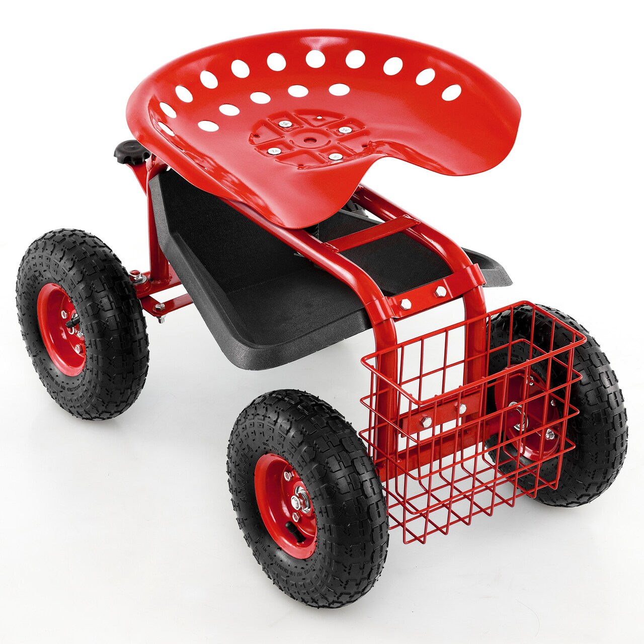4-Wheel Outdoor Work Cart with Swivel Seat Steel Frame Tool Tray and Large Wheels for Gardening